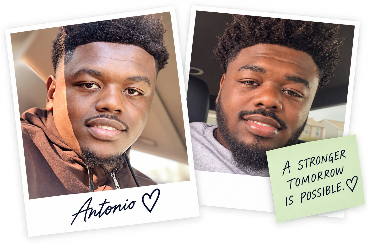 Two Polaroid-style photos of Antonio, captioned 'Antonio' with a note reading 'A stronger tomorrow is possible.'